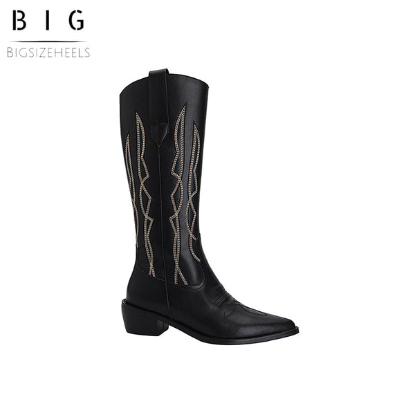 Bigsizeheels Cowhide pointed toe embroidery retro boots - Black freeshipping - bigsizeheel®-size5-size15 -All Plus Sizes Available!
