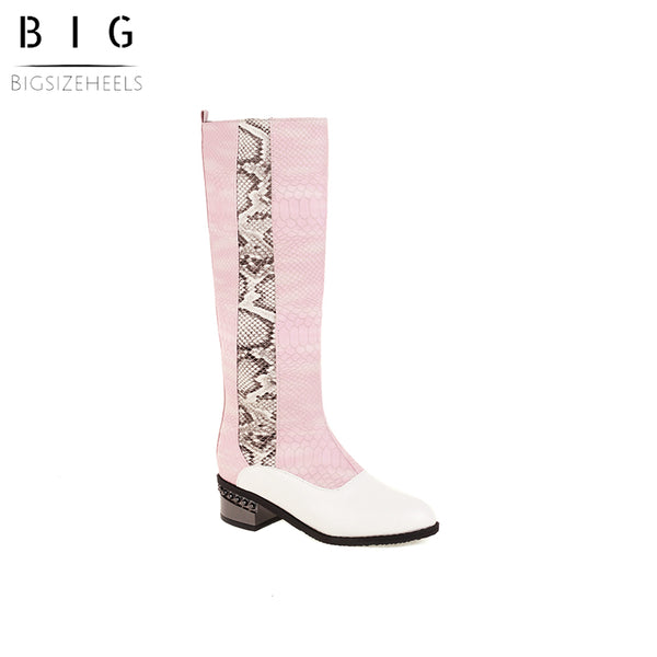 Bigsizeheels Concise snake print round toe over-the-knee boots-Pink freeshipping - bigsizeheel®-size5-size15 -All Plus Sizes Available!