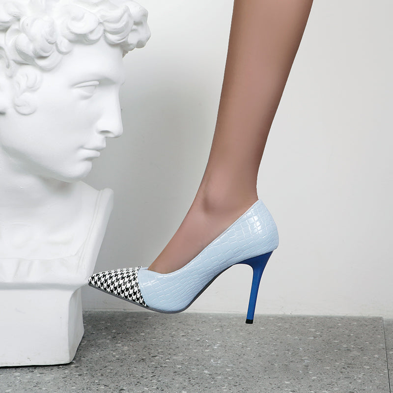 Bigsizeheels Houndstooth spliced pointy heels - Blue freeshipping - bigsizeheel®-size5-size15 -All Plus Sizes Available!