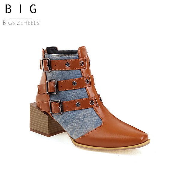 Bigsizeheels Fashion pointed square heel ankle boots - Brown&Blue freeshipping - bigsizeheel®-size5-size15 -All Plus Sizes Available!