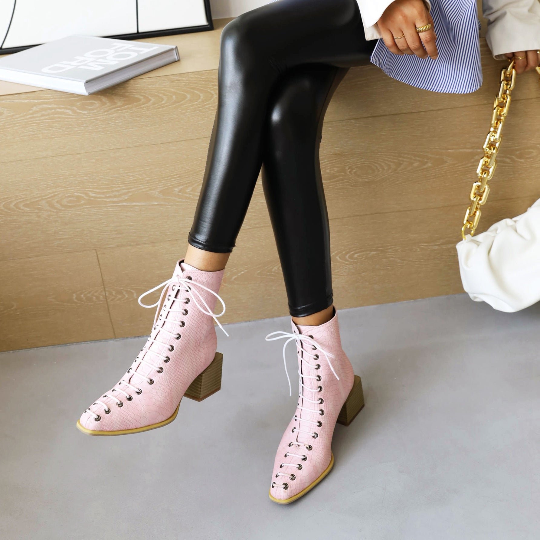 Bigsizeheels Calfskin lace-up Martin boots - Pink freeshipping - bigsizeheel®-size5-size15 -All Plus Sizes Available!