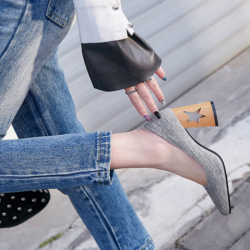 Bigsizeheels Satin wooden heel casual thick heel shoes - Gray freeshipping - bigsizeheel®-size5-size15 -All Plus Sizes Available!