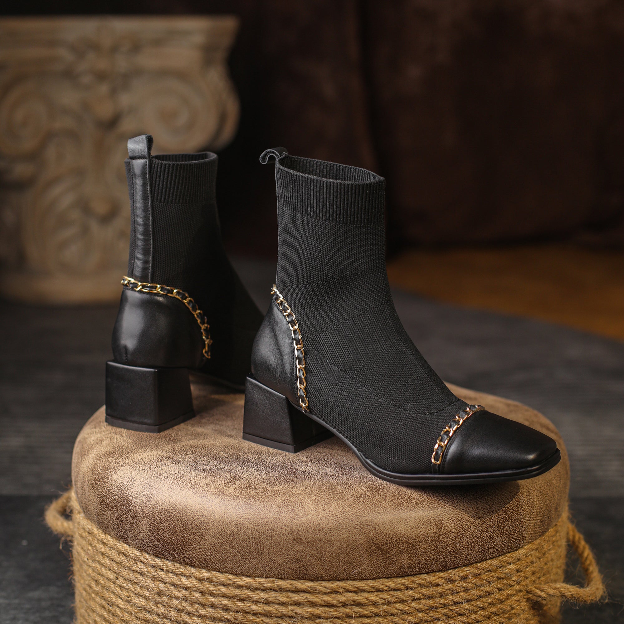 Bigsizeheels Square heel square toe stitching stretch ankle boots- Black freeshipping - bigsizeheel®-size5-size15 -All Plus Sizes Available!
