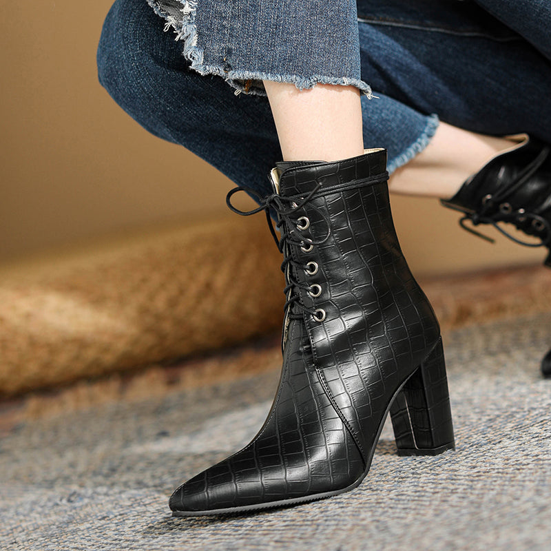 Bigsizeheels Pointed stone pattern chunky heel ankle boots - Black freeshipping - bigsizeheel®-size5-size15 -All Plus Sizes Available!