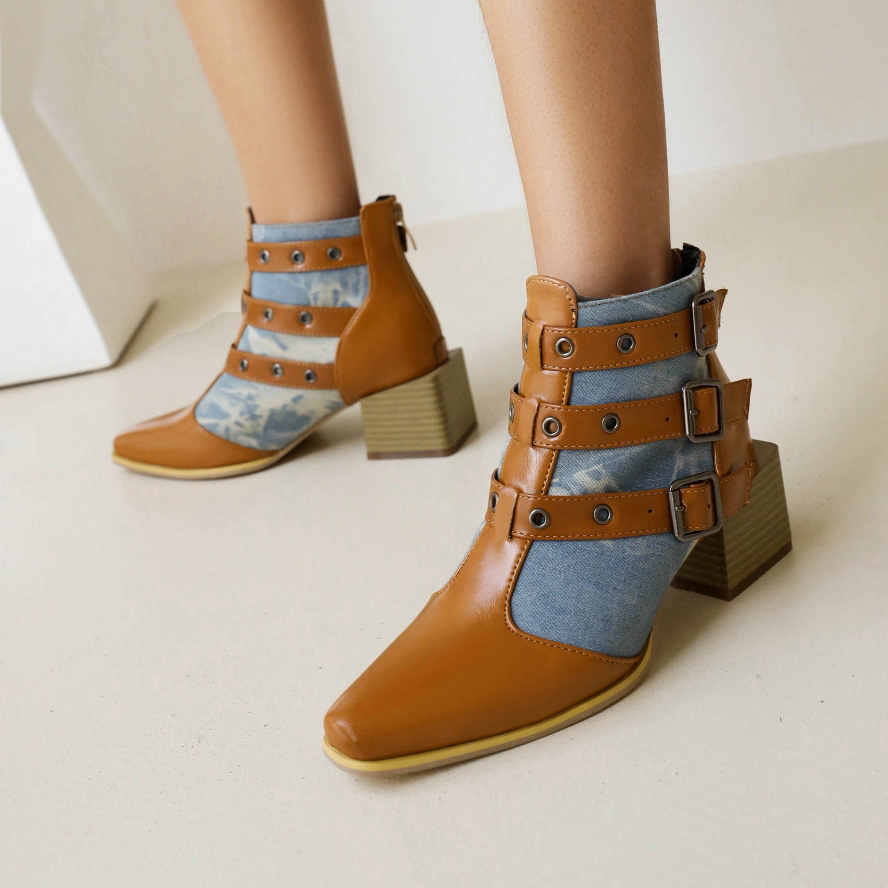 Bigsizeheels Fashion pointed square heel ankle boots - Brown&Blue freeshipping - bigsizeheel®-size5-size15 -All Plus Sizes Available!