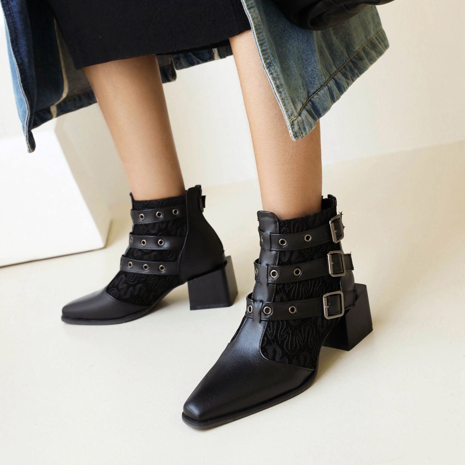 Bigsizeheels Fashion pointed square heel ankle boots - Black freeshipping - bigsizeheel®-size5-size15 -All Plus Sizes Available!