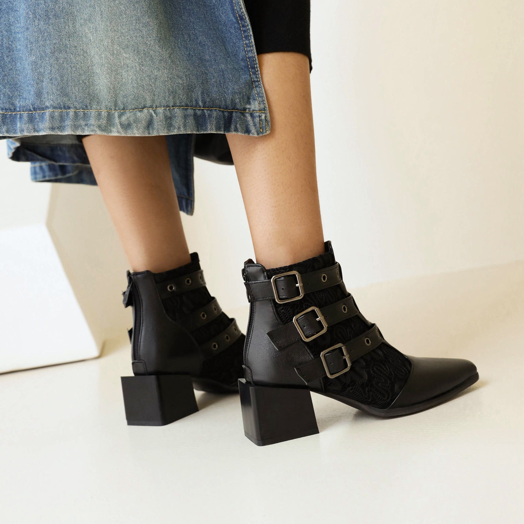 Bigsizeheels Fashion pointed square heel ankle boots - Black freeshipping - bigsizeheel®-size5-size15 -All Plus Sizes Available!