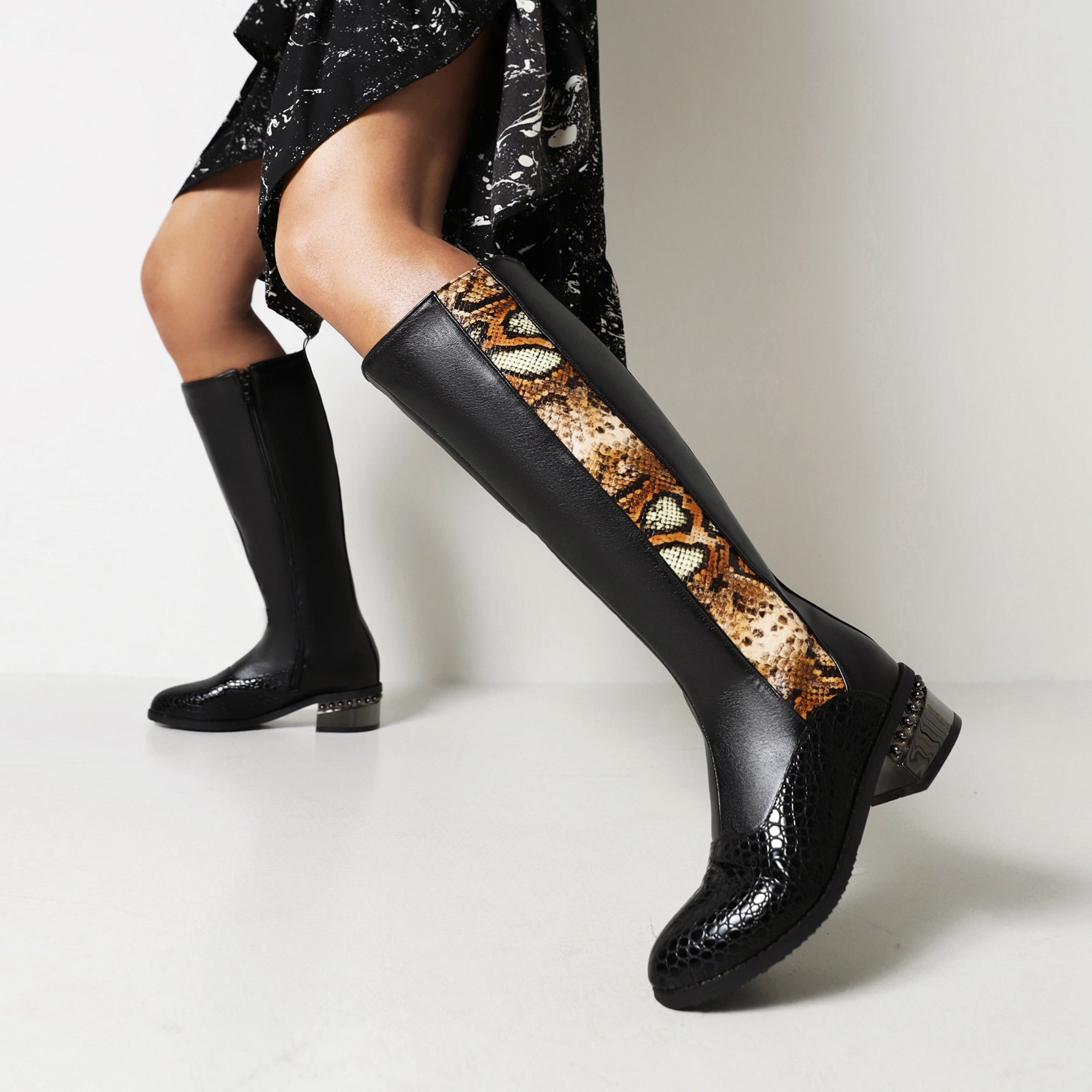 Bigsizeheels Concise snake print round toe over-the-knee boots-Black freeshipping - bigsizeheel®-size5-size15 -All Plus Sizes Available!
