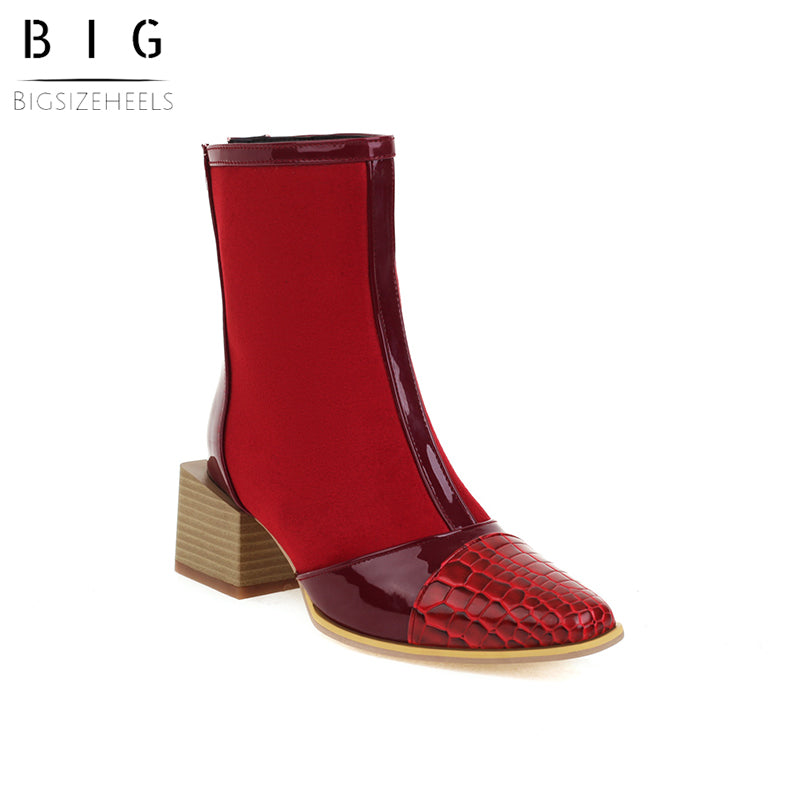 Bigsizeheels Stylish Side Zipper Pointed Toe Chunky Heel Ankle Boots - Red freeshipping - bigsizeheel®-size5-size15 -All Plus Sizes Available!