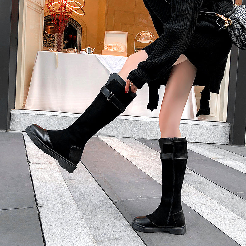 Bigsizeheels Round toe flat side zipper boots - Black freeshipping - bigsizeheel®-size5-size15 -All Plus Sizes Available!