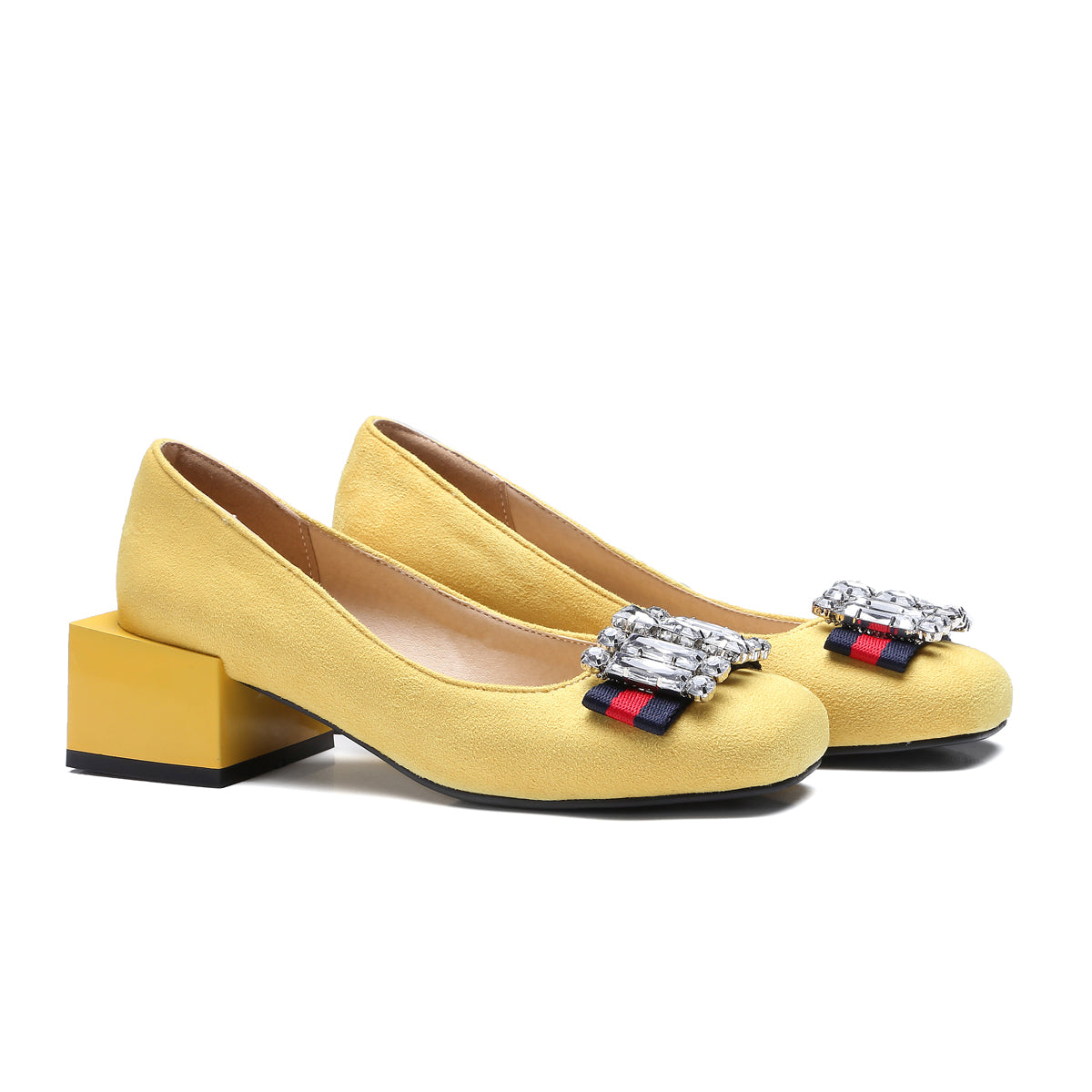 Bigsizeheels Suede square toe rhinestones with thick heels - Yellow freeshipping - bigsizeheel®-size5-size15 -All Plus Sizes Available!