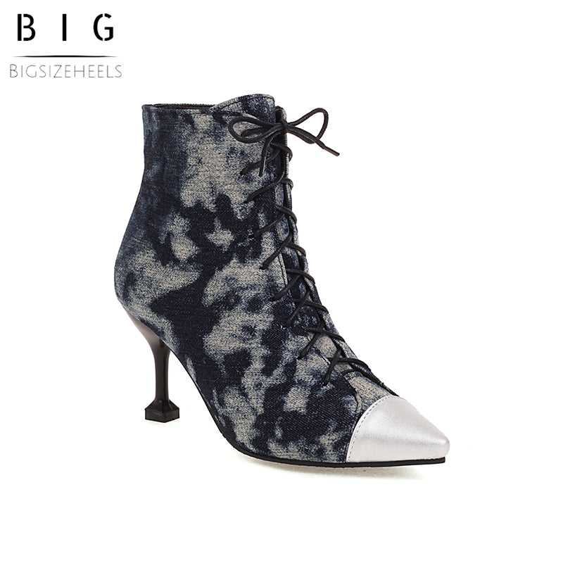 Bigsizeheels Pointed horseshoe lace-up ankle boots - Dark blue freeshipping - bigsizeheel®-size5-size15 -All Plus Sizes Available!