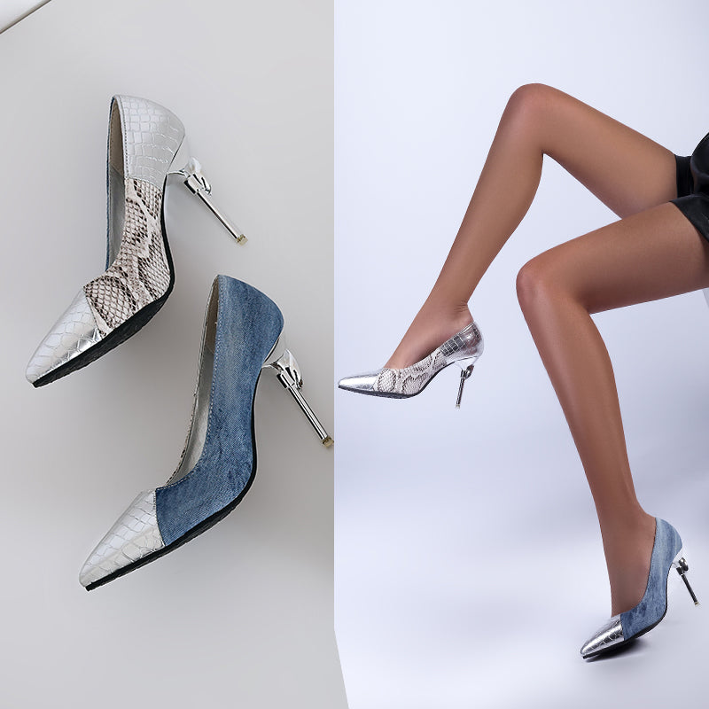 Bigsizeheels Sexy Stiletto Heel Pointed Toe Buckle Color Block Thin Shoes -Blue/Silver freeshipping - bigsizeheel®-size5-size15 -All Plus Sizes Available!