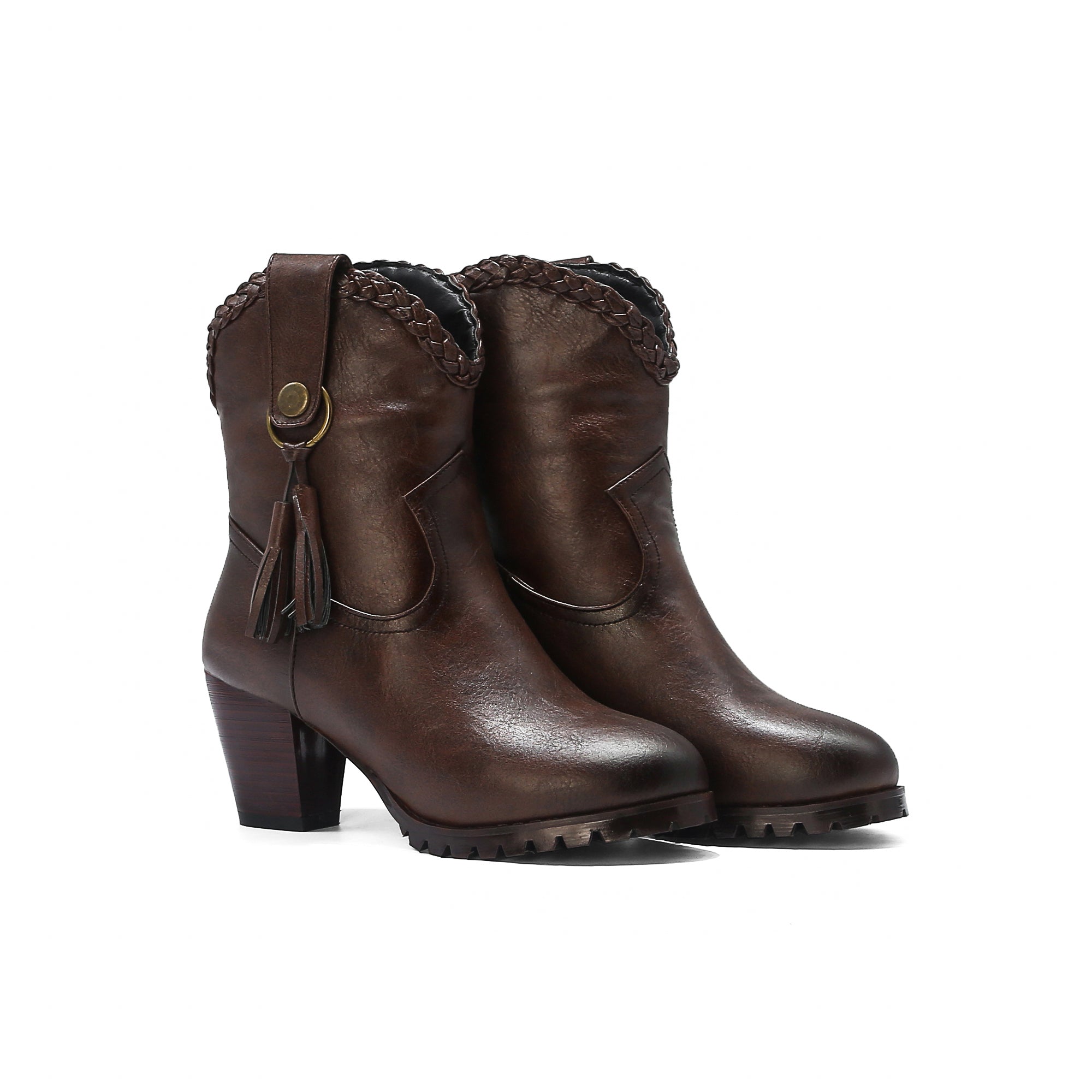 Bigsizeheels Vintage tassel round toe short boots - Dark brown freeshipping - bigsizeheel®-size5-size15 -All Plus Sizes Available!