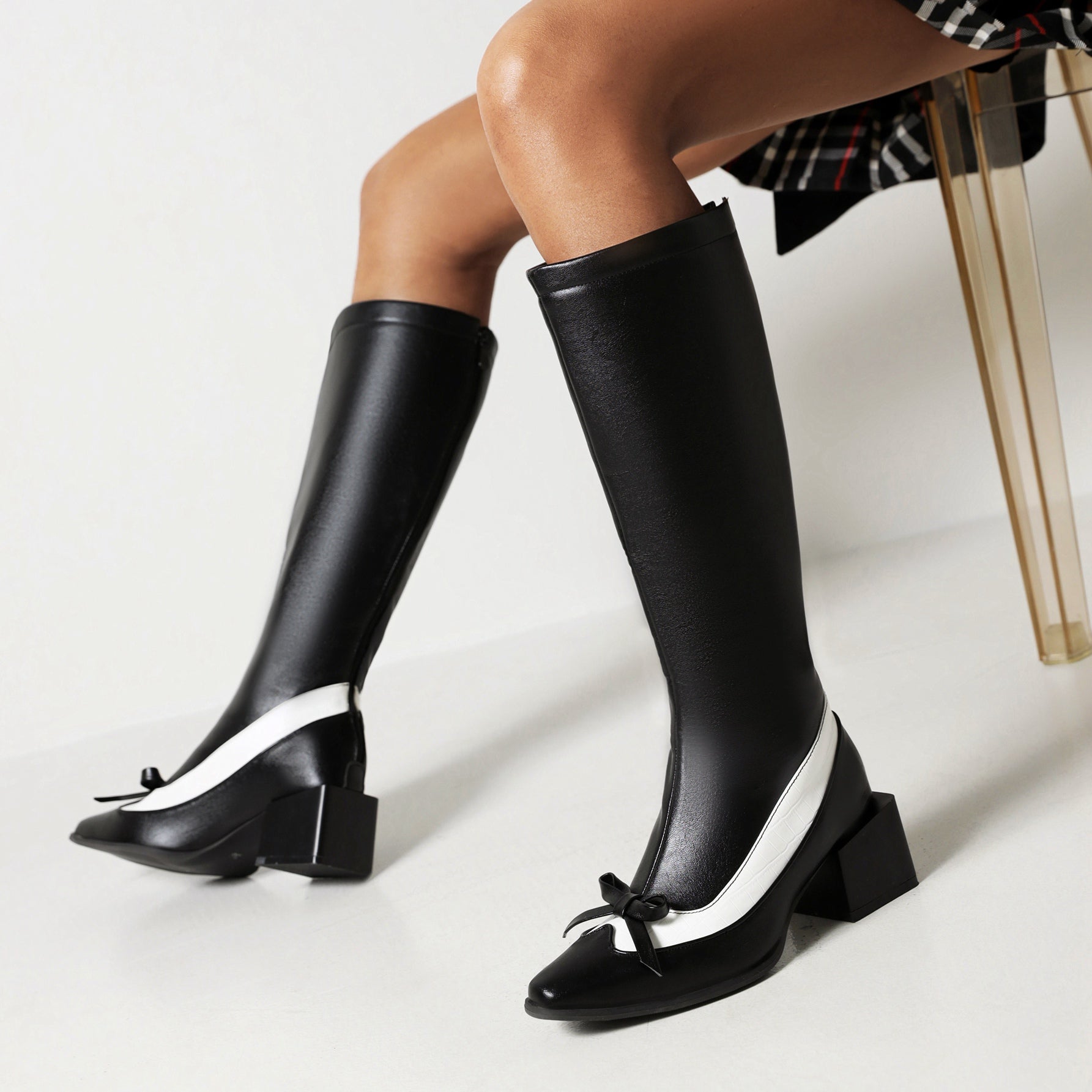 Bigsizeheels Simple Bow Pointed Over-The-Knee Boots-Black freeshipping - bigsizeheel®-size5-size15 -All Plus Sizes Available!