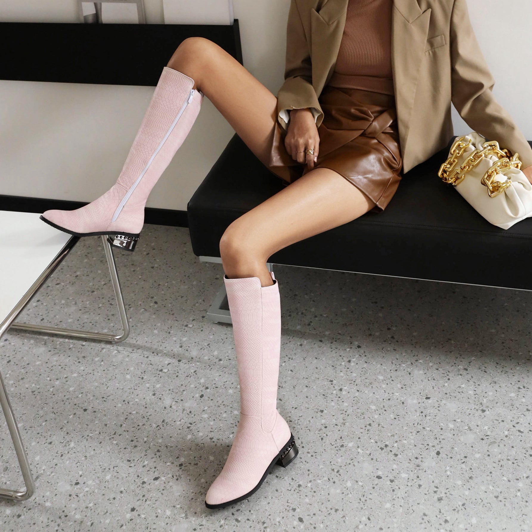 Bigsizeheels Simple solid color round toe over-the-knee boots-Pink freeshipping - bigsizeheel®-size5-size15 -All Plus Sizes Available!