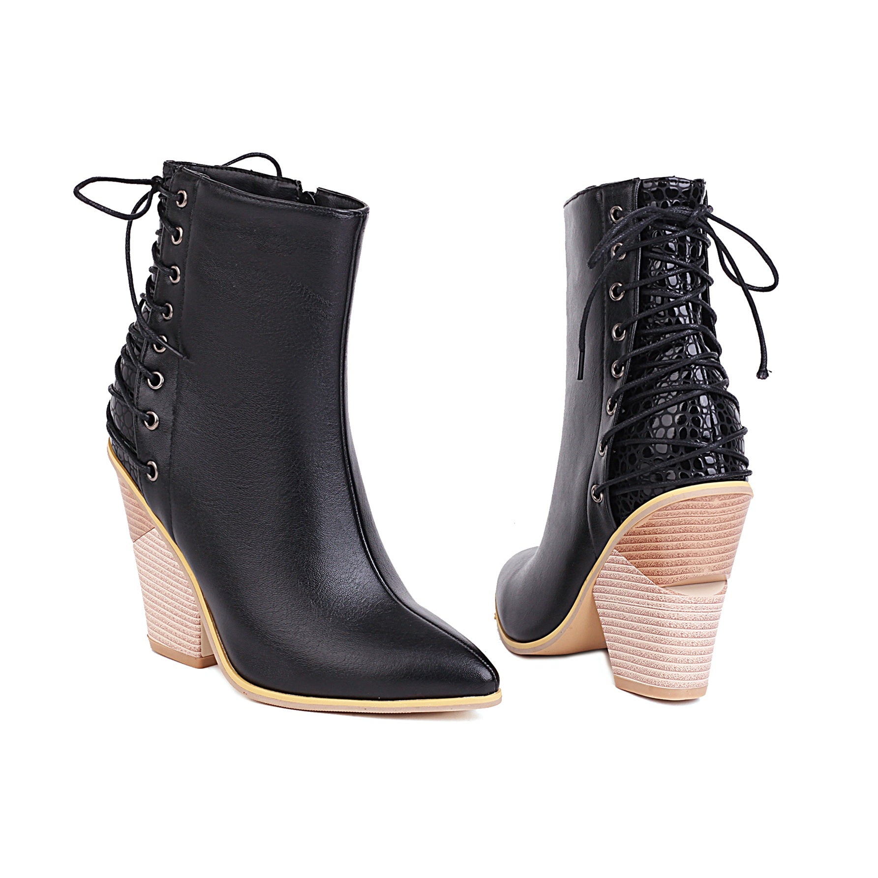 Bigsizeheels Stitched lace-up pointed ankle boots - Black freeshipping - bigsizeheel®-size5-size15 -All Plus Sizes Available!