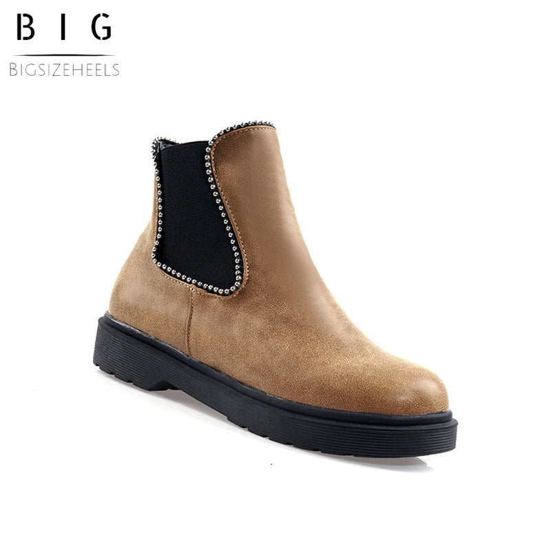 Bigsizeheels Thread Round Toe Slip-On Color Block Casual Boots - Brown freeshipping - bigsizeheel®-size5-size15 -All Plus Sizes Available!