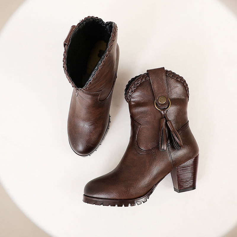 Bigsizeheels Vintage tassel round toe short boots - Dark brown freeshipping - bigsizeheel®-size5-size15 -All Plus Sizes Available!