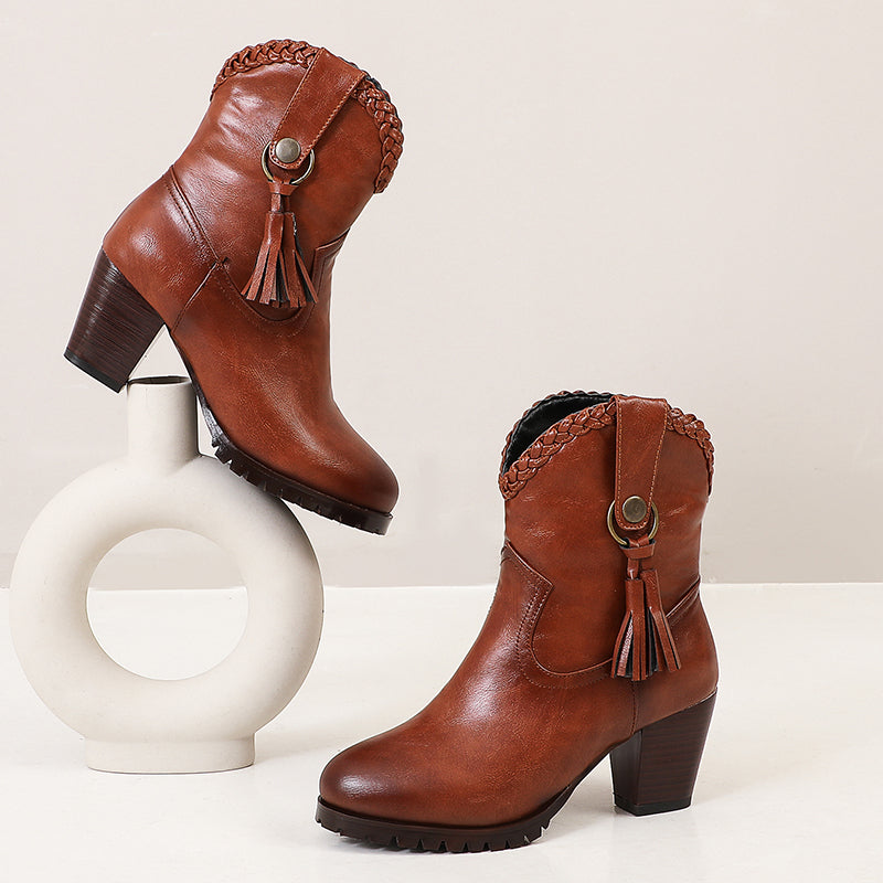 Bigsizeheels Vintage tassel round toe short boots - Brown freeshipping - bigsizeheel®-size5-size15 -All Plus Sizes Available!