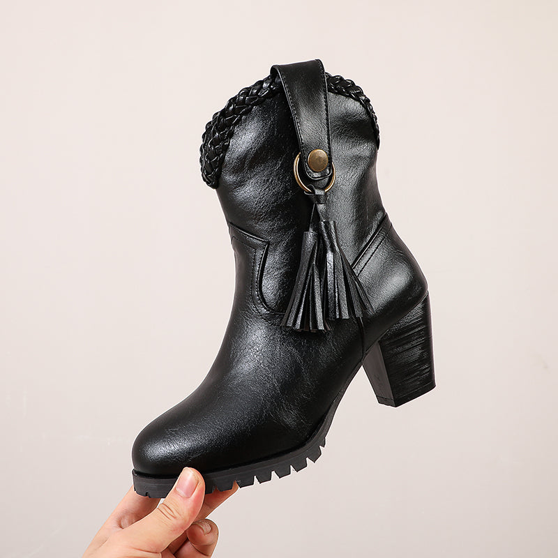 Bigsizeheels Vintage tassel round toe short boots - Black freeshipping - bigsizeheel®-size5-size15 -All Plus Sizes Available!