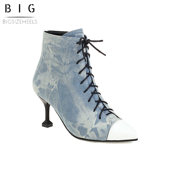 Bigsizeheels Pointed horseshoe lace-up ankle boots - Light blue freeshipping - bigsizeheel®-size5-size15 -All Plus Sizes Available!