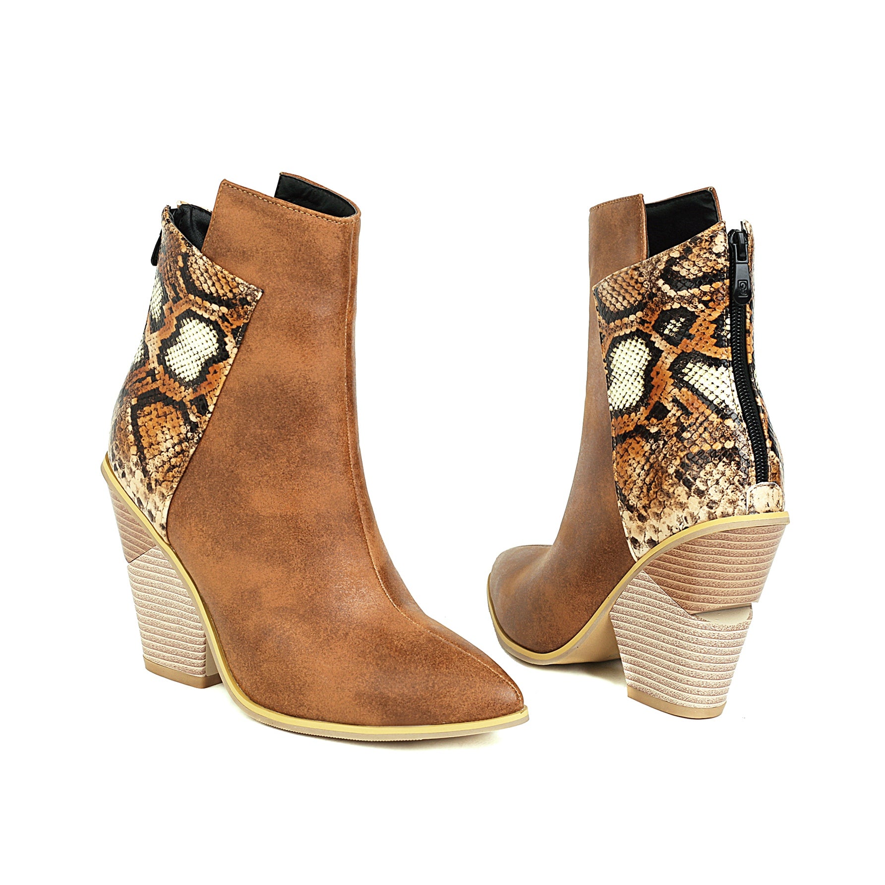 Bigsizeheels Pointed snakeskin print boots - Brown freeshipping - bigsizeheel®-size5-size15 -All Plus Sizes Available!