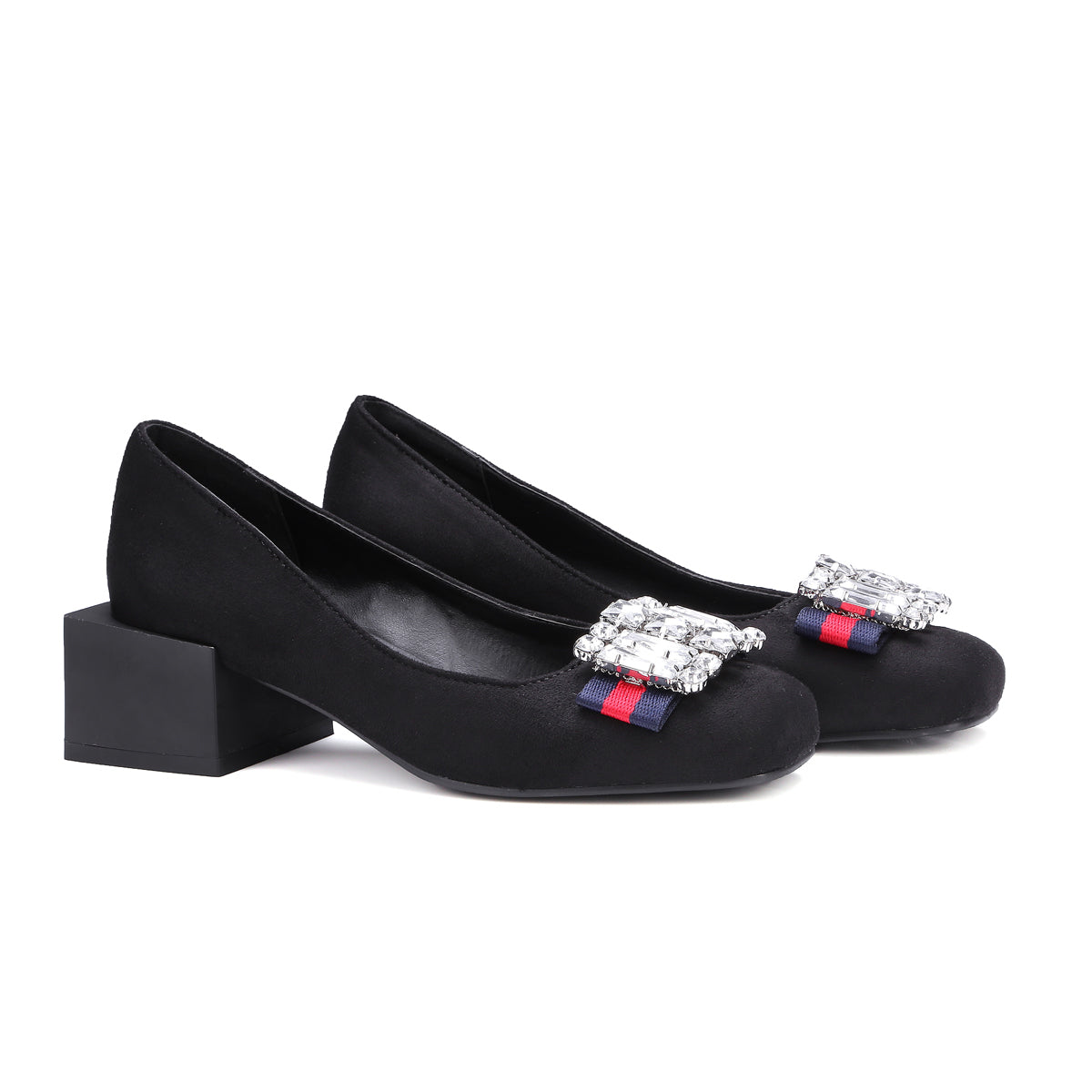 Bigsizeheels Suede square toe rhinestones with thick heels - Black freeshipping - bigsizeheel®-size5-size15 -All Plus Sizes Available!
