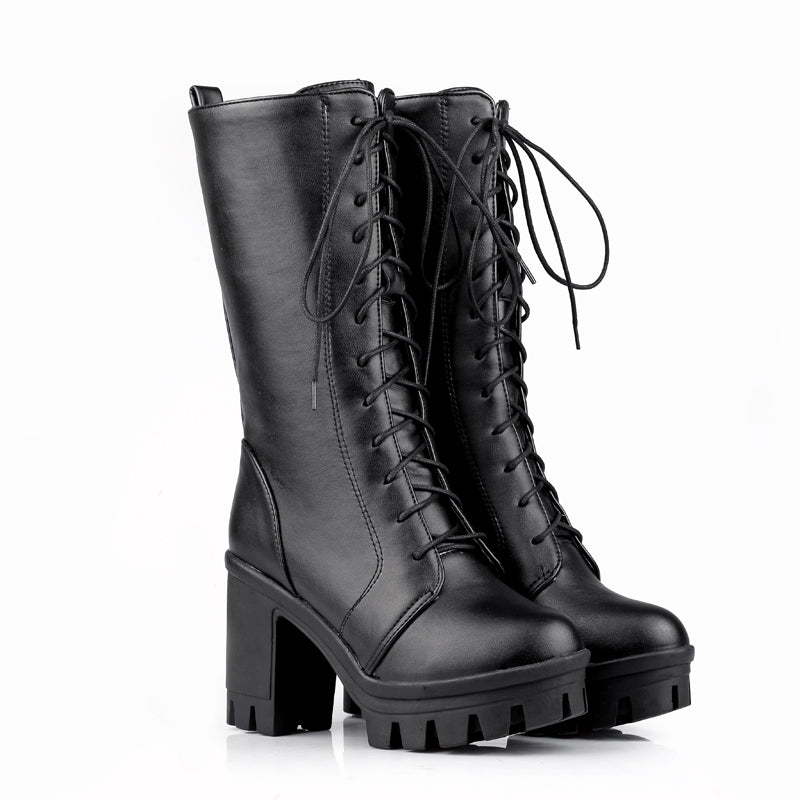 Bigsizeheels Platform round toe lace-up boots - Black freeshipping - bigsizeheel®-size5-size15 -All Plus Sizes Available!