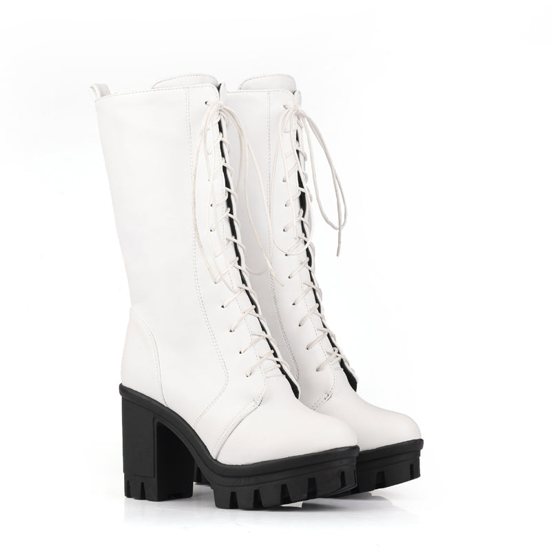 Bigsizeheels Platform round toe lace-up boots - White freeshipping - bigsizeheel®-size5-size15 -All Plus Sizes Available!