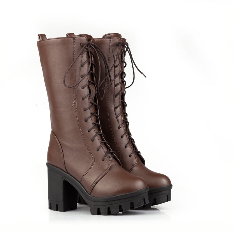 Bigsizeheels Platform round toe lace-up boots - Coffee freeshipping - bigsizeheel®-size5-size15 -All Plus Sizes Available!
