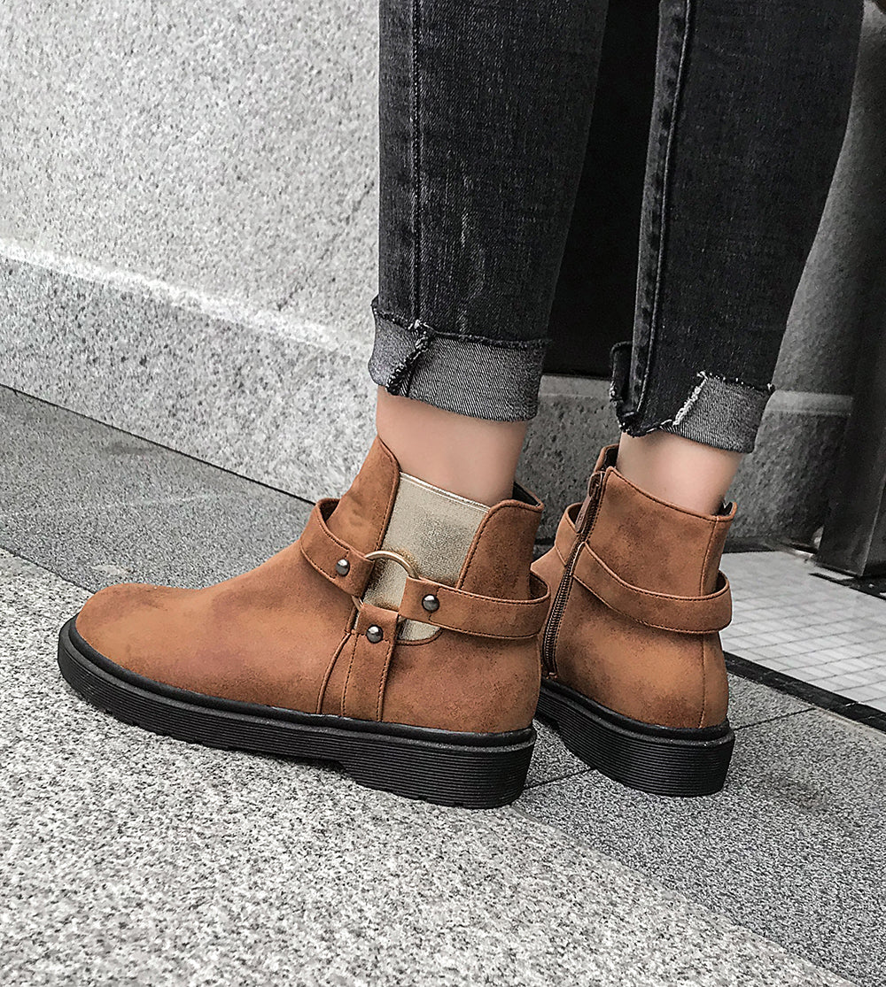 Bigsizeheels Round toe trim punk flat ankle boots - Brown freeshipping - bigsizeheel®-size5-size15 -All Plus Sizes Available!