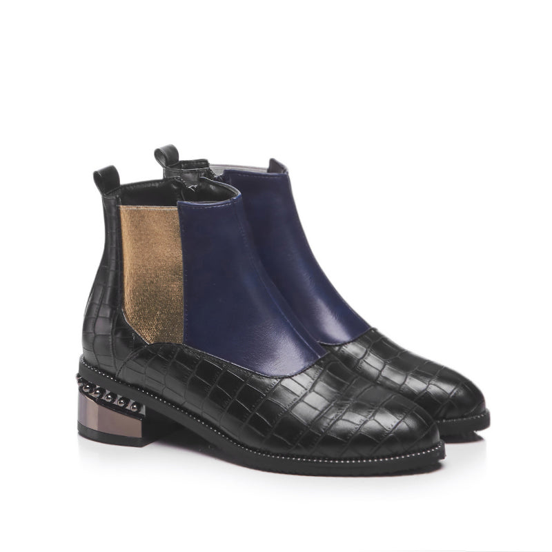 Bigsizeheels Spliced stone side zipper ankle boots - Blue freeshipping - bigsizeheel®-size5-size15 -All Plus Sizes Available!
