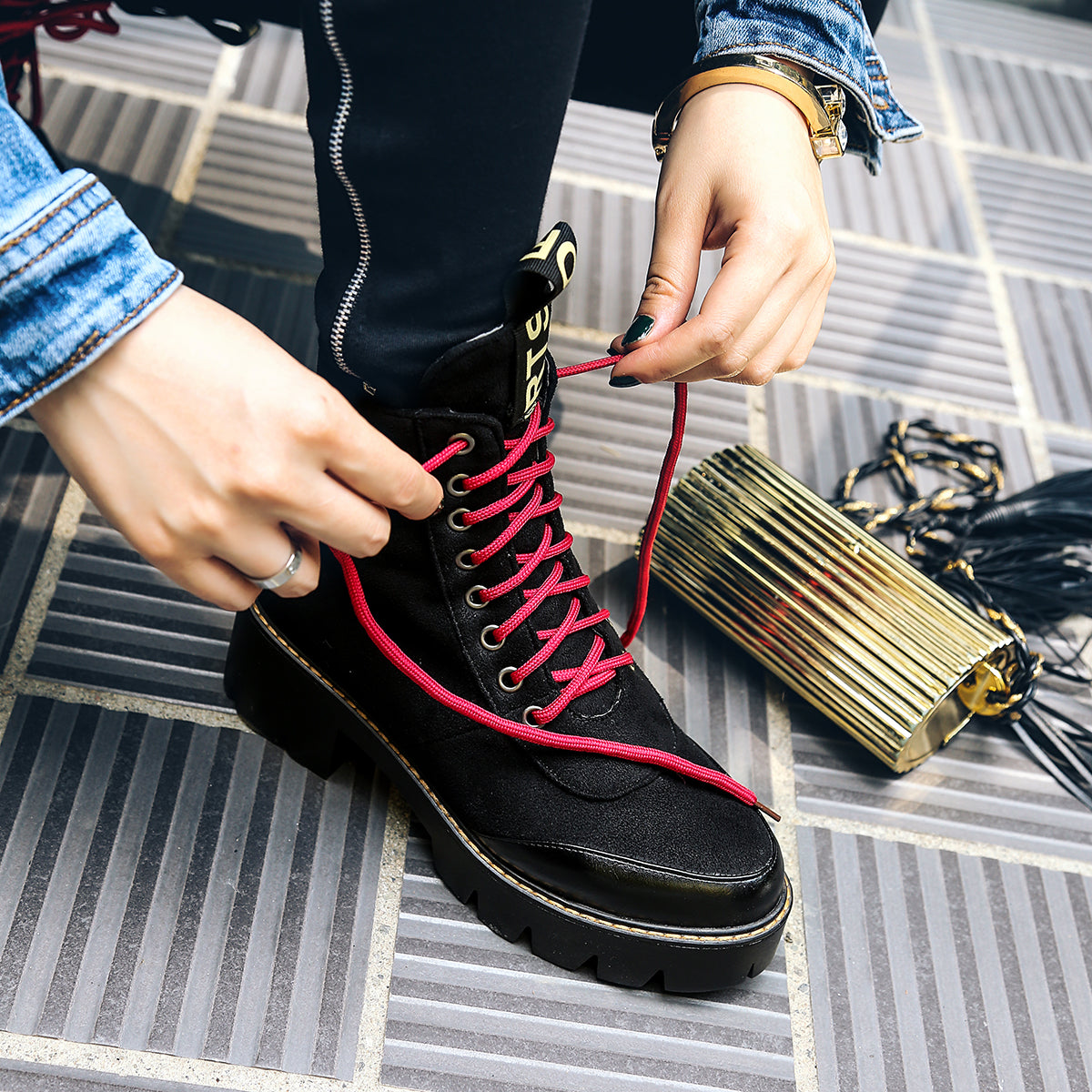 Bigsizeheels Round toe color strap Martin boots - Black freeshipping - bigsizeheel®-size5-size15 -All Plus Sizes Available!