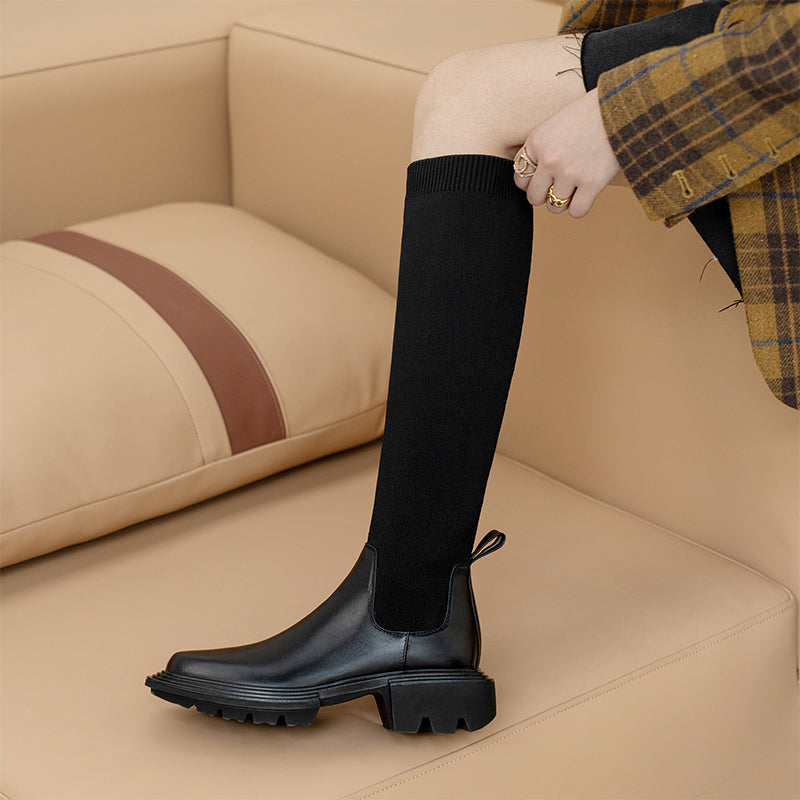 Bigsizeheels Thick-soled square toe leather stretch high socks boots - Black freeshipping - bigsizeheel®-size5-size15 -All Plus Sizes Available!
