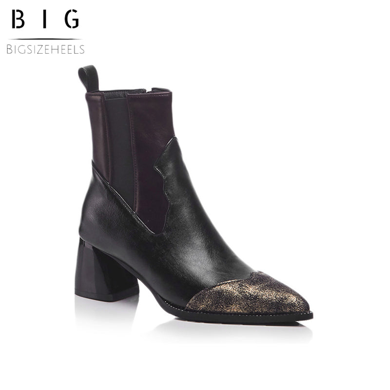 Bigsizeheels Color-paneled magazine pointed boots- Black/big size boots