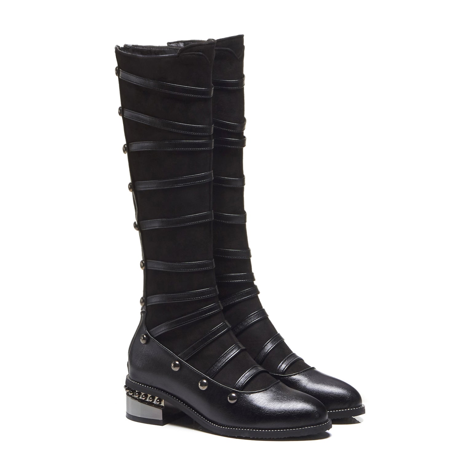 Bigsizeheels Punk strap rap knee boots - Black freeshipping - bigsizeheel®-size5-size15 -All Plus Sizes Available!