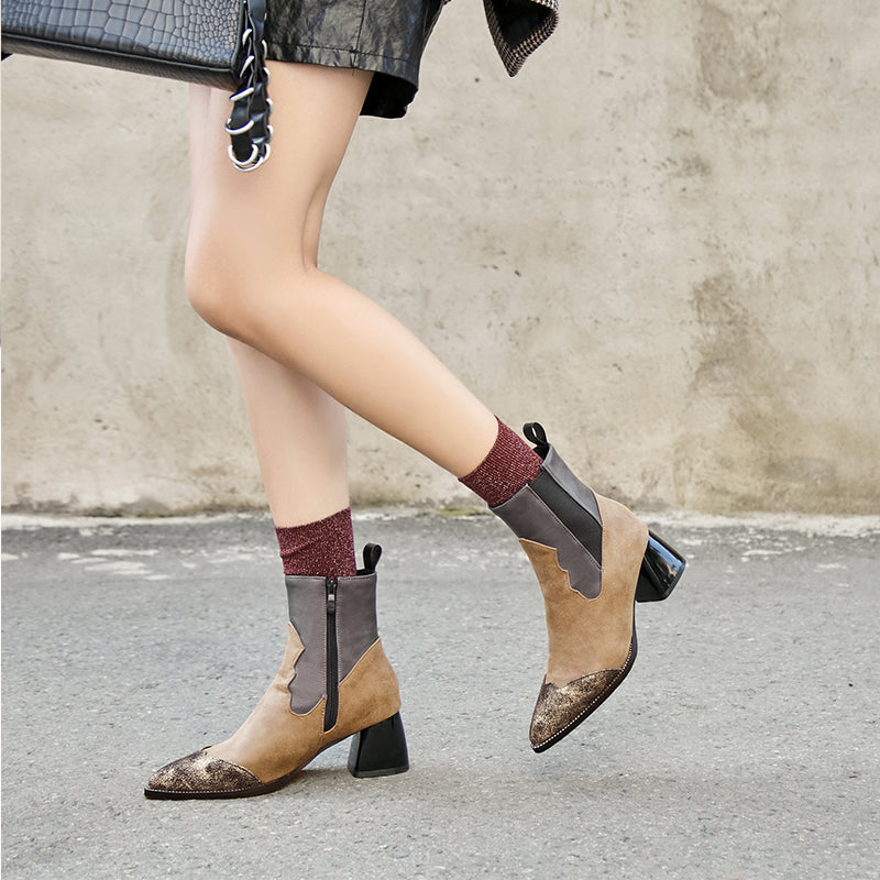 Bigsizeheels Color-paneled magazine pointed boots- Brown-plus size ankle boots/size 15