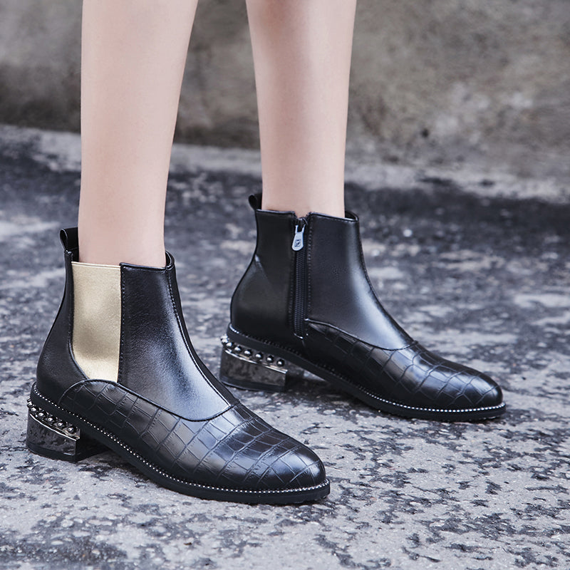 Bigsizeheels Spliced stone side zipper ankle boots - Black freeshipping - bigsizeheel®-size5-size15 -All Plus Sizes Available!