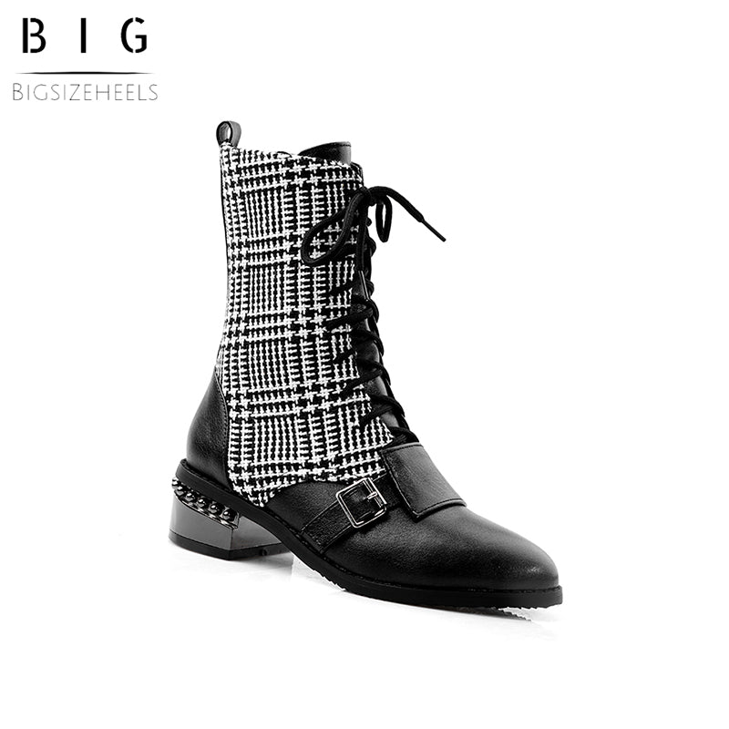 Bigsizeheels Lace-up plaid ankle boots - Black freeshipping - bigsizeheel®-size5-size15 -All Plus Sizes Available!
