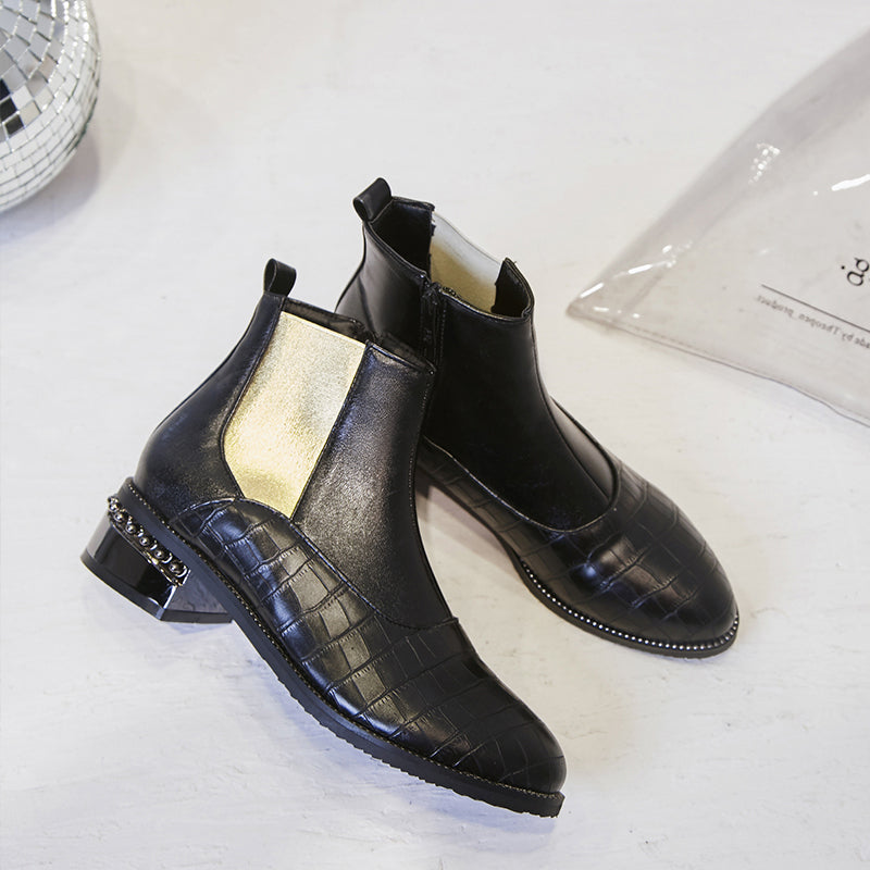 Bigsizeheels Spliced stone side zipper ankle boots - Black freeshipping - bigsizeheel®-size5-size15 -All Plus Sizes Available!