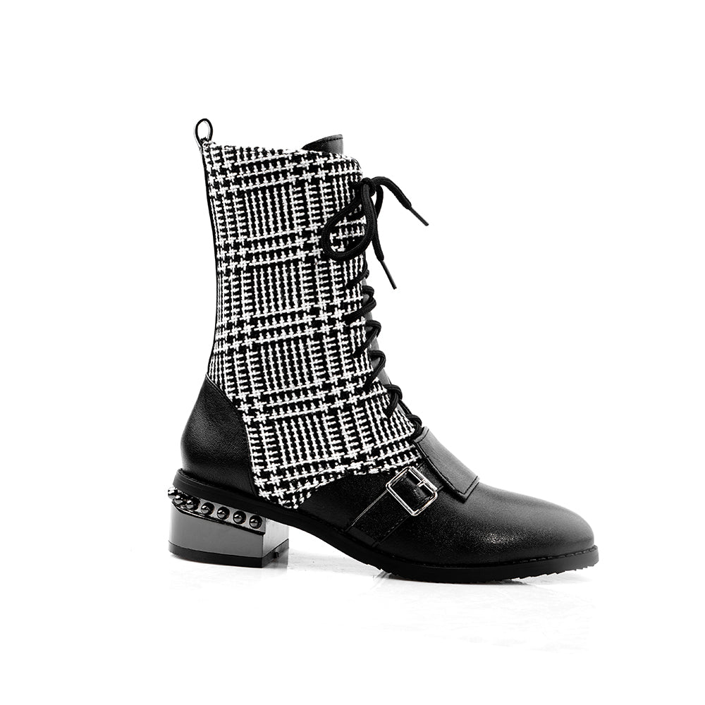Bigsizeheels Lace-up plaid ankle boots - Black freeshipping - bigsizeheel®-size5-size15 -All Plus Sizes Available!