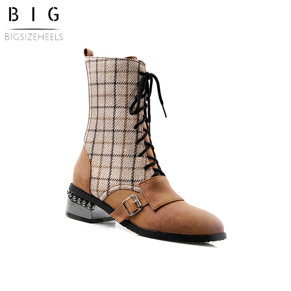 Bigsizeheels Lace-up plaid ankle boots - Brown freeshipping - bigsizeheel®-size5-size15 -All Plus Sizes Available!
