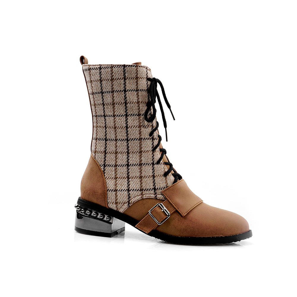 Bigsizeheels Lace-up plaid ankle boots - Brown freeshipping - bigsizeheel®-size5-size15 -All Plus Sizes Available!