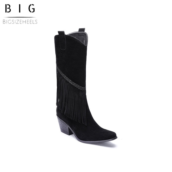 Bigsizeheels Chunky heel high tube square toe fringed boots- Black freeshipping - bigsizeheel®-size5-size15 -All Plus Sizes Available!