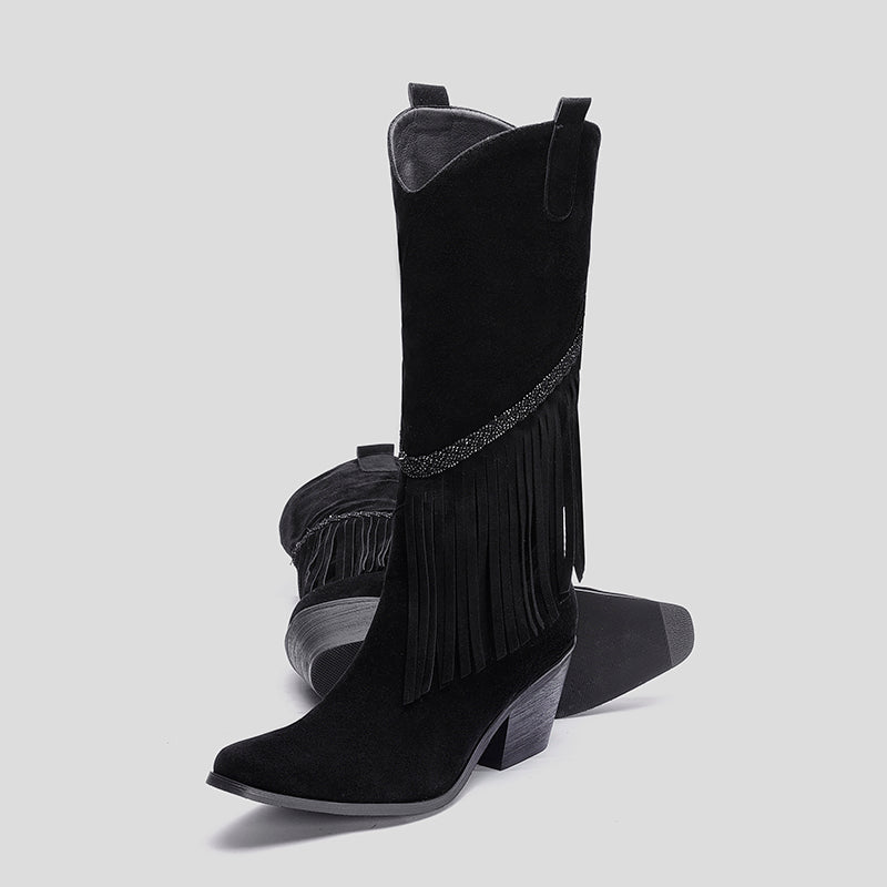 Bigsizeheels Chunky heel high tube square toe fringed boots- Black freeshipping - bigsizeheel®-size5-size15 -All Plus Sizes Available!