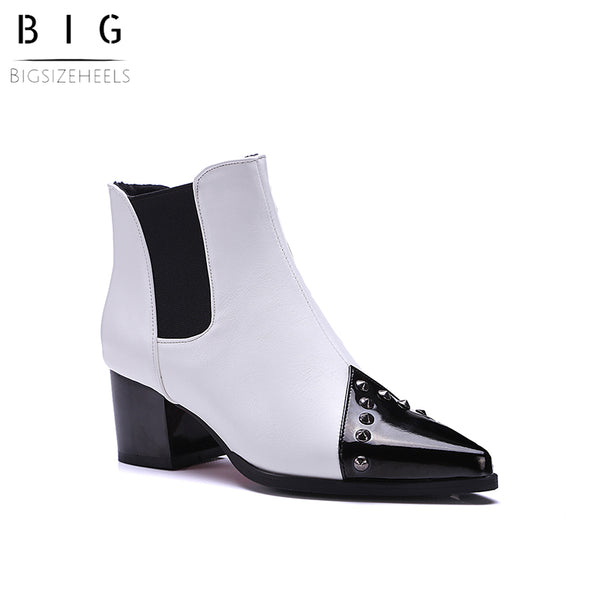 Bigsizeheels Chunky heel stud punk boots- White/plus size boots