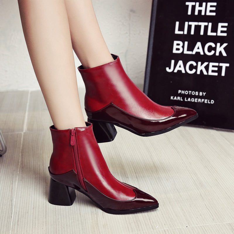 Bigsizeheels Bling shiny leather colorblock boots- Red/plus size boots