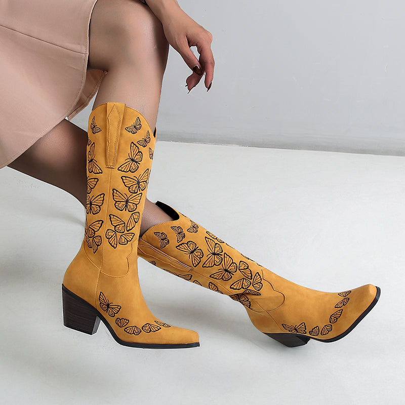 Bigsizeheels Vintage chunky heel pointed toe embroidery boots- Yellow freeshipping - bigsizeheel®-size5-size15 -All Plus Sizes Available!
