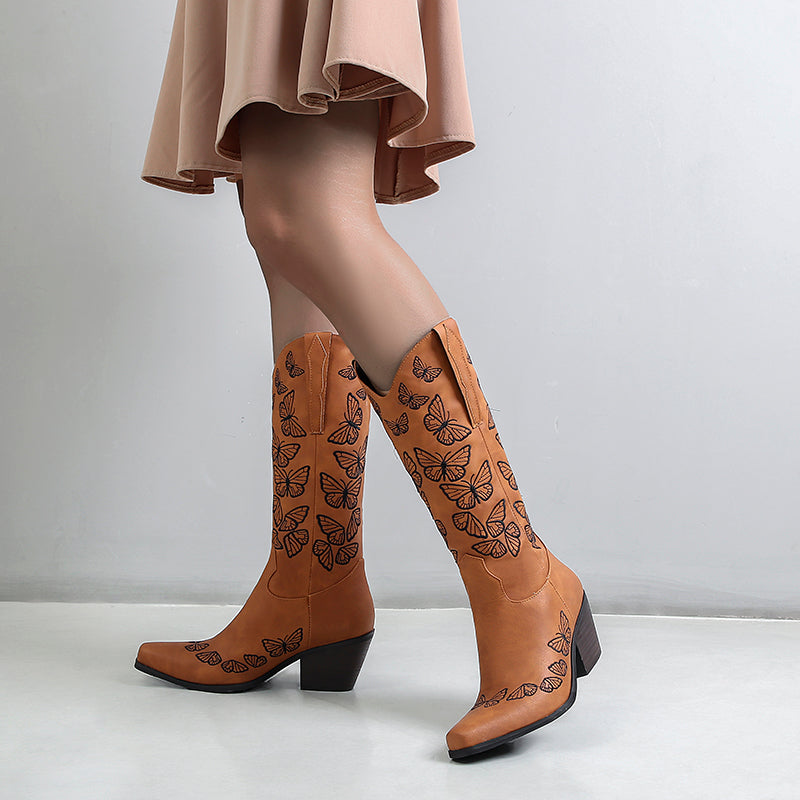 Bigsizeheels Vintage chunky heel pointed toe embroidery boots- Brown freeshipping - bigsizeheel®-size5-size15 -All Plus Sizes Available!